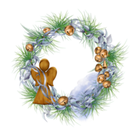 Frame of pine tree branches and angel, bells digital illustration. Fir branches in the form of a circular frame. Wreath of Christmas ornaments. Element for design invitation, card. png