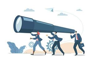 Effective business teamwork in an organization or company, Searching for new goals or searching for new technological innovations, Business team holding big binoculars for target analysis. Vector. vector