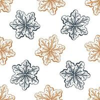 Seamless pattern of hand-drawn christmas gingersnap, traditional ginger cookies in star shape decorated with sugar icing. Sketch style. Holiday homemade treat. Vector food. Christmas dessert.