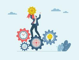 Leadership in effective work processes, Links of business mechanisms in an organization or company, Successful businessman holding trophy standing on cogwheel, light bulb, target, clock. vector