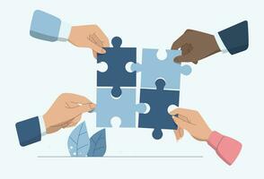 Successful teamwork, problem solving, Effective business teamwork in an organization or company, Businessman hands work together to complete a jigsaw puzzle in harmony. vector