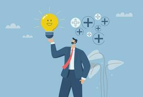 Optimism attitude or positive thinking, Emotional intelligence inspires and brings happiness in work and life, Happy businessman holding a light bulb concept smiles in a positive atmosphere. vector