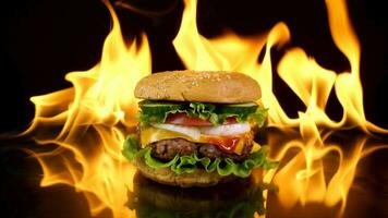 délicieux Burger sur le Contexte de Feu. délicieux Burger avec Frais iceberg chou, oignons, tomates et grillé steak. vite nourriture, lent mouvement, 4k images. video