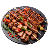 ai genererad grillad kött grillspett i en svart tallrik isolerat på transparent bakgrund png