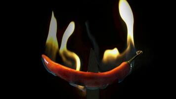 Hot red chili pepper on a knife in flames on a black background. Spicy food concept. Slow motion video
