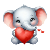 ai genererad söt bebis elefant vattenfärg illustration innehav stor röd hjärta och reste sig blomma. liten elefant hand dra tecknad serie stil på valentine dag på genomskinlighet png fil formatera