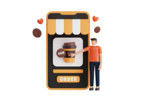 Boy ordering coffee online 3D Illustration. ordering coffee in food app. 3d illustration png