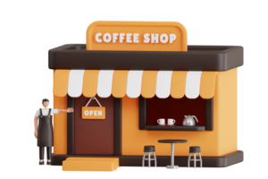 Coffee shop 3d illustration. 3d illustration of a cozy cafe, coffee shop or coffeehouse building png