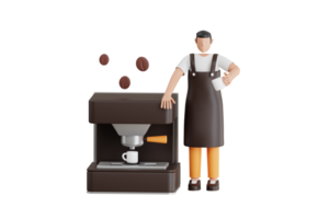 Barista making coffee with a coffee machine 3d illustration. barista making coffee for customer. 3d illustration png