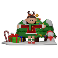 3d girl cartoon christmas T pose isolated on transparent background png