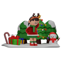 3d girl cartoon christmas Worry pose isolated on transparent background png