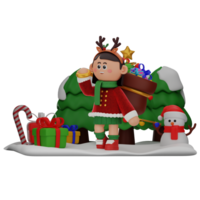 3d girl cartoon christmas With A Sack Of Gifs pose isolated on transparent background png