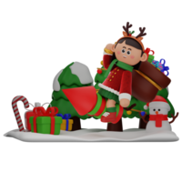 3d girl cartoon christmas Ride Firecracker While Bring Sack Of Gifts pose isolated on transparent background png