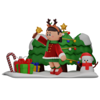 3d girl cartoon christmas Ringing A Bell Happily pose isolated on transparent background png