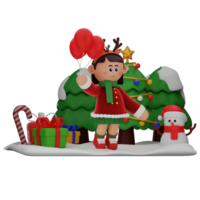 3d meisje tekenfilm Kerstmis Holding ballonnen houding geïsoleerd Aan transparant achtergrond png
