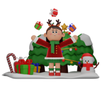 3d girl cartoon christmas Playing With Gifts pose isolated on transparent background png