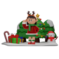 3d girl cartoon christmas Pointing pose isolated on transparent background png