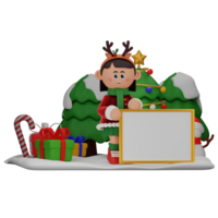 3d menina desenho animado Natal com uma quadro branco pose isolado em transparente fundo png