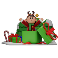 3d ragazza cartone animato Natale su di il regalo posa isolato su trasparente sfondo png