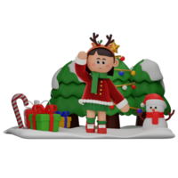 3d girl cartoon christmas Greeting pose isolated on transparent background png