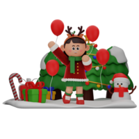 3d girl cartoon christmas With Red Balloons Around pose isolated on transparent background png