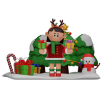 3d girl cartoon christmas Holding 2 Gifts pose isolated on transparent background png