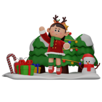 3d girl cartoon christmas Happy Jumping pose isolated on transparent background png