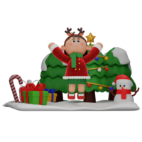 3d girl cartoon christmas Jumping pose isolated on transparent background png