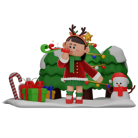 3d girl cartoon christmas Blowing Party Blowout pose isolated on transparent background png