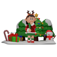 3d girl cartoon christmas Thinking pose isolated on transparent background png