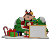 3d menina desenho animado Natal em pé perto quadro branco pose isolado em transparente fundo png