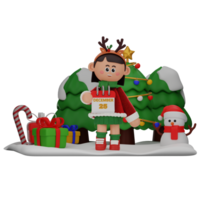 3d fille dessin animé Noël montrant calandre pose isolé sur transparent Contexte png