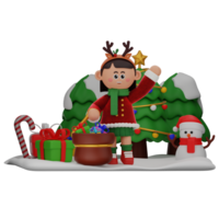 3d girl cartoon christmas Say Hi with Sack of Gifts pose isolated on transparent background png