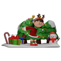 3d girl cartoon christmas Bring A Christmas Tree pose isolated on transparent background png