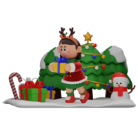 3d fille dessin animé Noël fonctionnement avec cadeau pose isolé sur transparent Contexte png