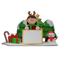 3d girl cartoon christmas Standing Behind Whiteboard pose isolated on transparent background png