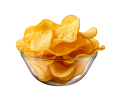 AI generated potato chips in a bowl isolated on a transparent background, PNG