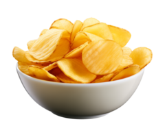 AI generated potato chips in a bowl isolated on a transparent background, PNG