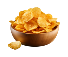 AI generated potato chips in a bowl isolated on a transparent background, PNG