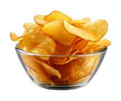 AI generated potato chips in a bowl isolated on a transparent background, PNG