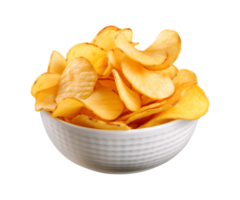 AI generated potato chips in a bowl isolated on a transparent background, PNG