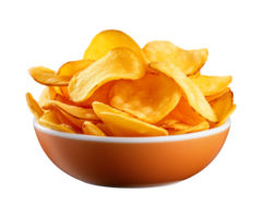 AI generated potato chips in a bowl isolated on a transparent background, PNG