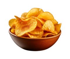 AI generated potato chips in a bowl isolated on a transparent background, PNG