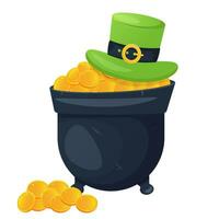 Saint's Patrick day design element. Cauldron , golden coins, leprechaun hat. vector