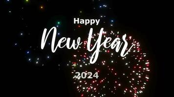 Celebrating happy new year 2024 animation text, colorful fireworks background video