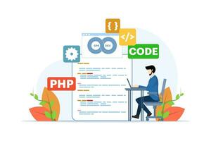 software desarrollo y operaciones programador práctica concepto, devops metodología, técnico apoyo, automatización proceso, software desarrollo y operaciones modelo vector plano ilustración.