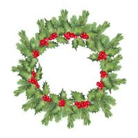 Christmas wreath made of fir branches with holly berries and leaves. Traditional winter garland. Decor for New Year, Christmas and seasonal holidays. Fir New Year holiday design. Hand drawn isolated vector