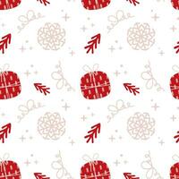 Seamless Christmas pattern with gift box, snowflake, Christmas tree and bow. Winter holidays vector pattern on white background. Perfect for wrapping paper and textile