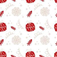 Seamless Christmas pattern with gift box, snowflake, Christmas tree and bow. Winter holidays vector pattern on white background. Perfect for wrapping paper and textile