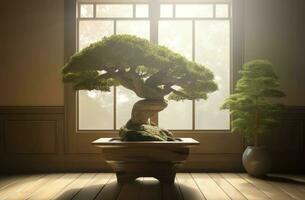 AI generated Zen bonsai tree in interior sunlight. Generate ai photo